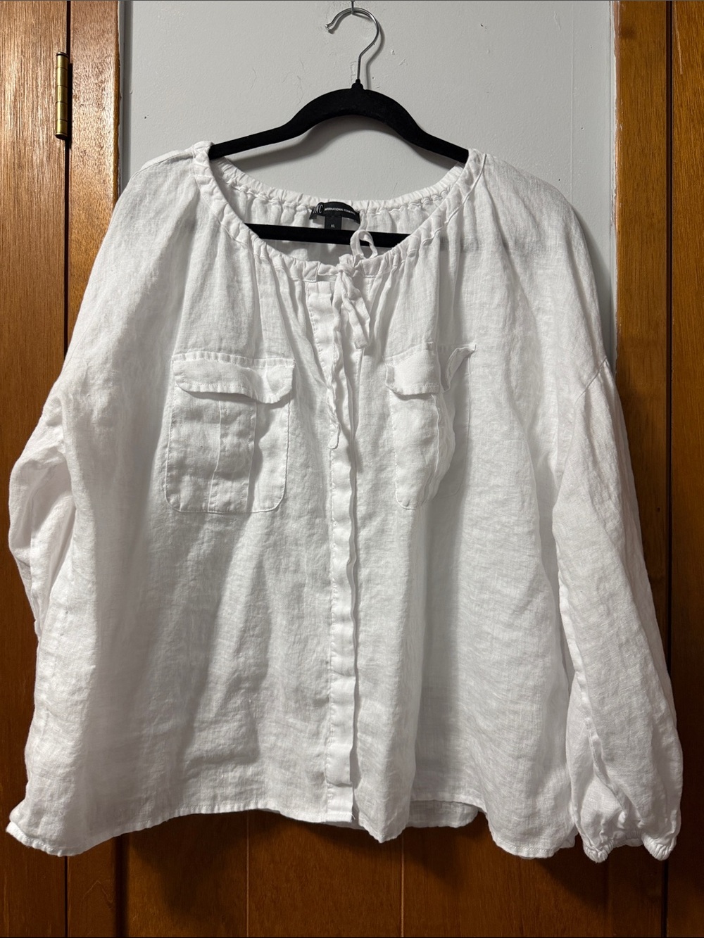 100% Linen longsleeve White Blouse button down front drawstring neckline XL